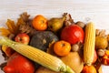 Different vegetables pumpkins, apples, pears, nuts, corn, tomatoes, dry yellow leaves on white wooden background. Autumn Harvest Royalty Free Stock Photo