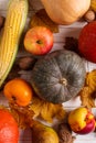 Different vegetables pumpkins, apples, pears, nuts, corn, tomatoes, dry yellow leaves on white wooden background. Autumn Harvest Royalty Free Stock Photo