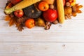 Different vegetables pumpkins, apples, pears, nuts, corn, tomatoes, dry yellow leaves on white wooden background. Autumn Harvest Royalty Free Stock Photo