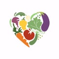 Different vegetables in the shape of a heart. Tomato, lettuce, eggplant, carrots, onions, peppers, peas