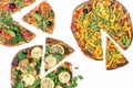 Different vegetarian pizza on white background, top view