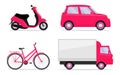 Different vehicles, set. Car, bike, bicycle, scooter, moped, truck. Transport icons. Vector illustration in flat style. Royalty Free Stock Photo