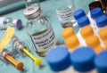 Different vials of triple viral vaccine of measles, rubella and mumps, known as MMR