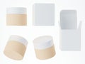 Different views of beige plastic cosmetic cream jar with white cap and box isolated on white background 3D render, care