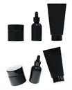 Different views of black plastic cream jar, serum dropper bottle and cosmetic tube with cap, 3D render cosmetic product