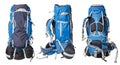 Different views of blue backpack for hiking isolated on white background. professional backpack for hiking trips Royalty Free Stock Photo