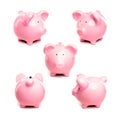 Different views of pink piggy pig bank on white background