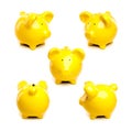 Different views of yellow piggy pig bank on white background