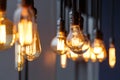 Different vintage tungsten filament lamps hanging from the ceilin Royalty Free Stock Photo