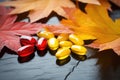 Different vitamin capsules with leaf AI Generative Royalty Free Stock Photo