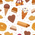 Different wafer cookies waffle cakes and chocolate delicious snack cream dessert crispy bakery food vector seamless