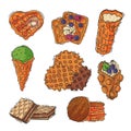 Different wafer cookies waffle cakes pastry cookie biscuit delicious snack cream dessert crispy bakery food vector