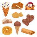 Different wafer cookies on white background waffle cakes and chocolate delicious snack cream dessert crispy bakery food