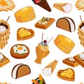 Waffle sweet cookies seamless pattern flat style vector illustration. Wafer delicious baked pastry cakes biscuit creamy