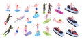 Different water sports isometric icon set