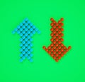 Up down red and blue arrows made of balls 3D illustration. Different groups moving. 3d rendered illustration banner design