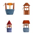 Different well icons set cartoon vector. Wooden and stone well with roof Royalty Free Stock Photo