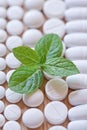 Different white pills and foliage mint on a wooden background Royalty Free Stock Photo