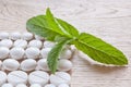 Different white pills and foliage mint Royalty Free Stock Photo