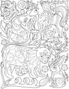 Different Animals Fox Bird Hare Dog Fox Horse Colorless Line Drawing. Multiple Wildlife Creatures Rabbit Birds Canine