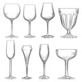 Different wine glass. Hand drawn empty sparkling, champagne and wine Royalty Free Stock Photo