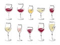 Different wine glasses filled with drink, set - vector drawing