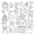 Different winter holidays objects. Christmas party icons collection. Vintage illustration set in hand drawn style