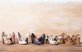 Different woman`s shoes on wooden floor
