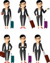 Set of businessman traveler with baggage in different poses