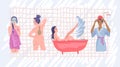 Water procedures, women washing, taking a bath, washing the body, bath and shower time. Vector flat illustration