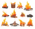 Different wood campfire and wild bonfire with burning timber and fiery flame blaze isolated set