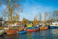 Old wooden boats, a fishboat and a tug in Katy Rybackie Royalty Free Stock Photo