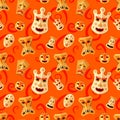 Different wooden voodoo masks on red background seamless pattern Royalty Free Stock Photo