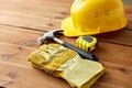 Different work tools on wooden boards