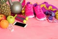 Different workout essentials on floor