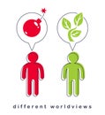 Different worldviews concept with two men good and bad displaying their minds with bomb exploding and small plant growing vector, Royalty Free Stock Photo