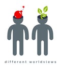 Different worldviews concept with two men good and bad displaying their minds with bomb exploding and small plant growing vector,