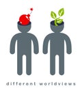 Different worldviews concept with two men good and bad displaying their minds with bomb exploding and small plant growing vector, Royalty Free Stock Photo