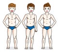 Different young teen boys cute children standing in blue underwear. Vector set of beautiful kids illustrations. Royalty Free Stock Photo