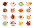 Different yummy beverages in cups, hot tea and coffee drinks in mug vector illustration set Royalty Free Stock Photo