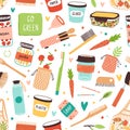 Different Zero Waste care elements, food and dishes vector flat illustration. Colorful various durable and reusable