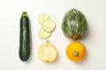 Different zucchini on white background, top view Royalty Free Stock Photo