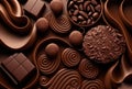 Differently shaped pieces of dark chocolate in a chocolate background. Created with Generative AI