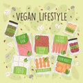 Differetn vegan products on a colored background Vegan lifestyle Vector