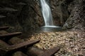 Difficul trail with ladder near the waterfall in canyon of National park Slovak paradise