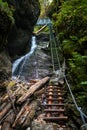 Difficul trail with ladder near the waterfall in canyon of National park Slovak paradise, Slovakia