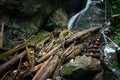 Difficul trail with ladder near the waterfall in canyon of National park Slovak paradise, Slovakia