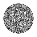 Difficult circle maze. Hard round vector labirinth. Vector black circle maze on white background. Education puzzle with