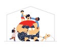 Difficult and frustrated parenting Work from home Multicultural family adoptive father and children Flat vector cartoon