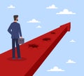 Difficult path to goal. Shaky road to success. Not stable career growth. Businessman stands on red arrow with obstacles Royalty Free Stock Photo